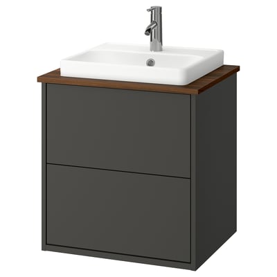 HAVBÄCK / ORRSJÖN Bathroom vanity with sink & faucet, dark gray/brown walnut effect, 25x21 1/2x28 3/8 "