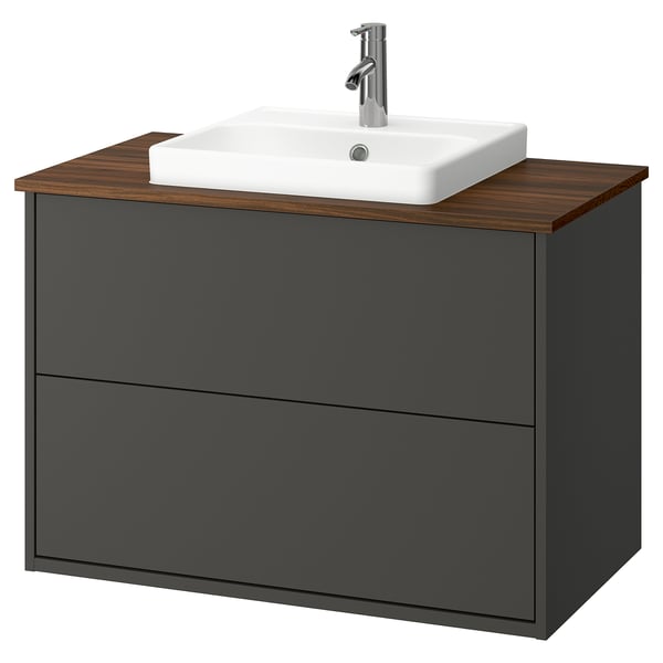 HAVBÄCK / ORRSJÖN Bathroom vanity with sink & faucet, dark gray/brown walnut effect, 37x21 1/2x28 3/8 "