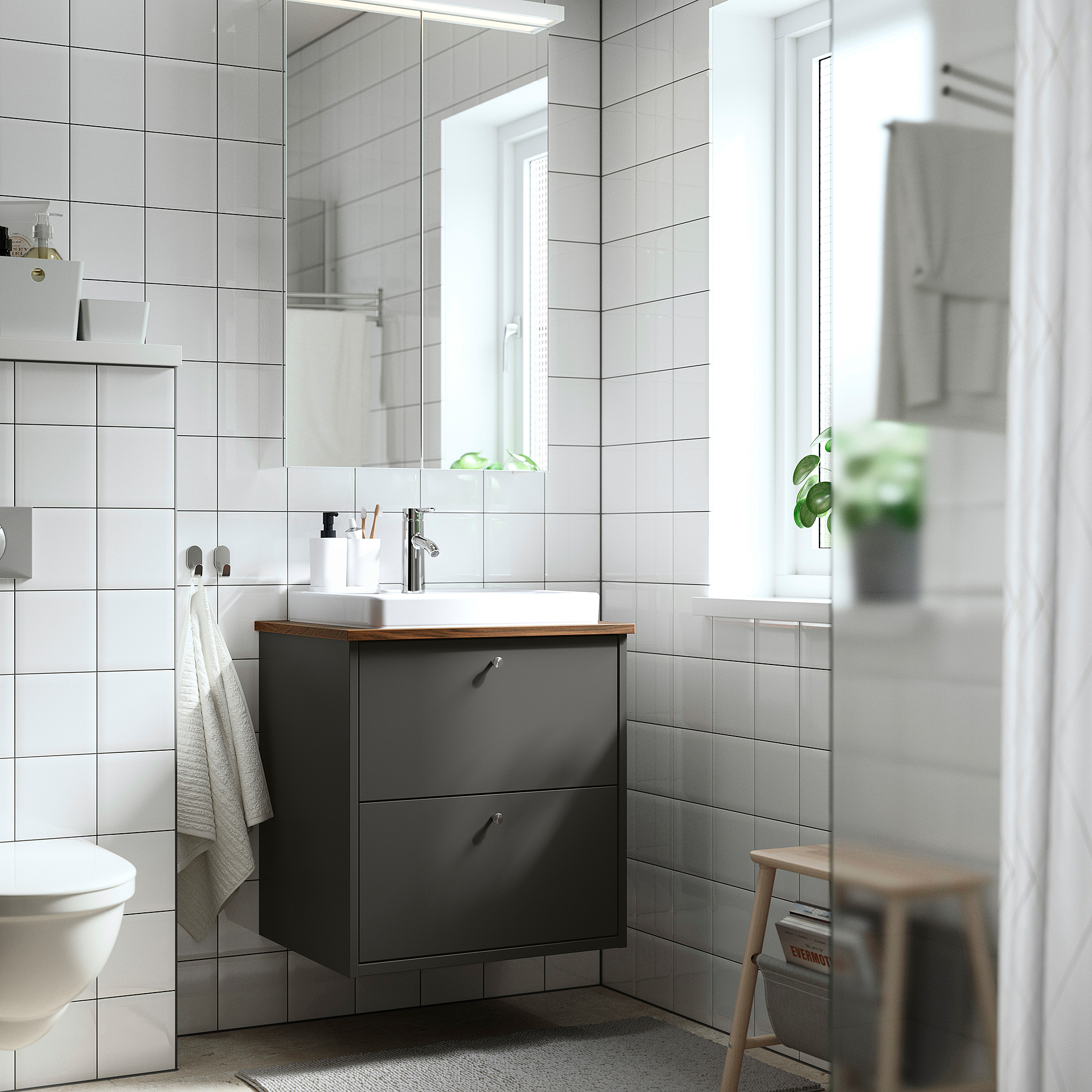 HAVBÄCK / ORRSJÖN Bathroom vanity with sink & faucet, dark gray/brown walnut effect, 25x21 1/2x28 3/8 "