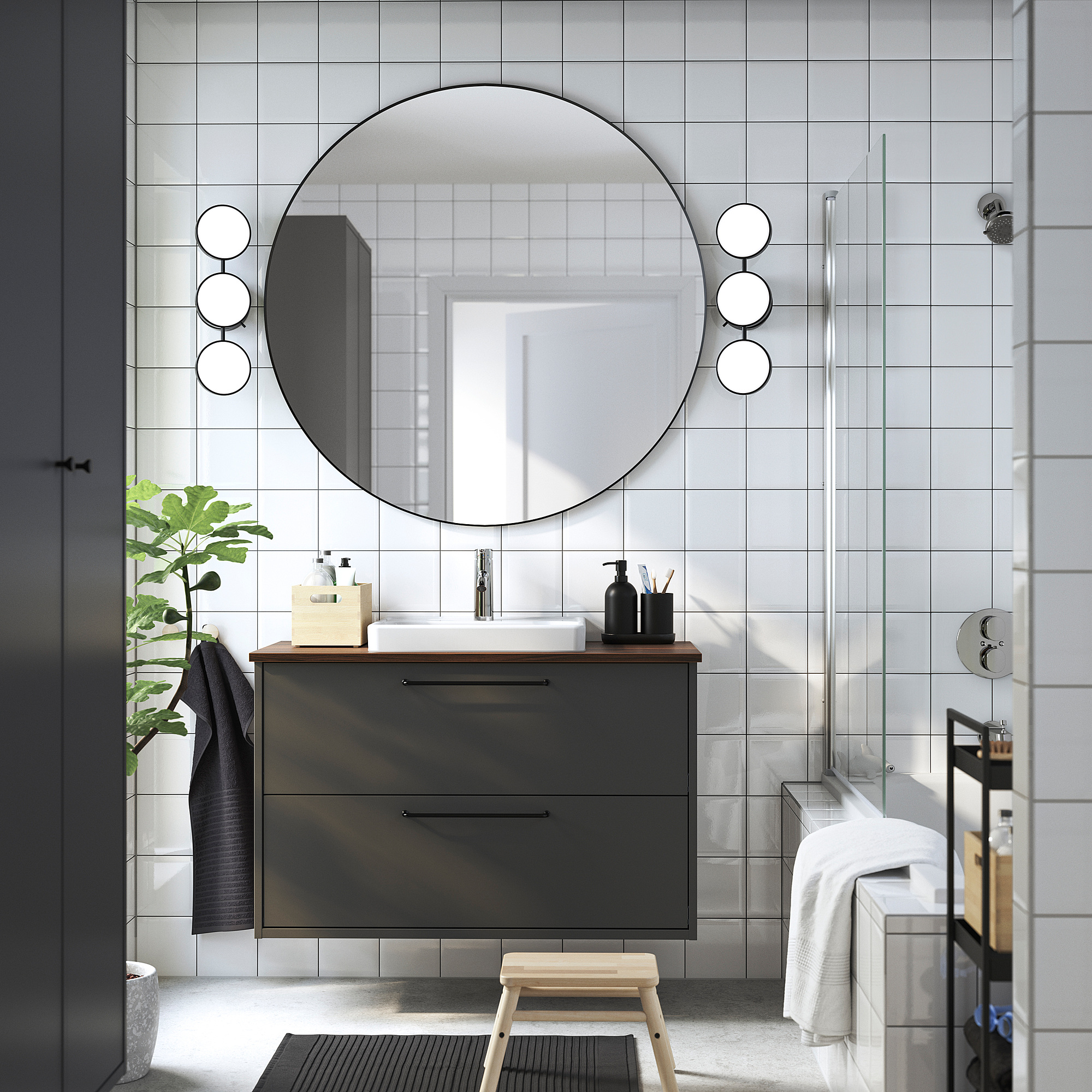 HAVBÄCK / ORRSJÖN Bathroom vanity with sink & faucet, dark gray/brown walnut effect, 37x21 1/2x28 3/8 "