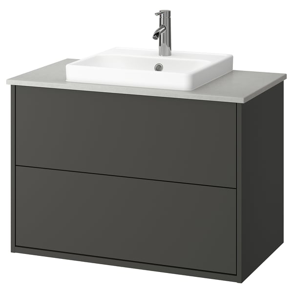 HAVBÄCK / ORRSJÖN Bathroom vanity with sink & faucet, dark gray/gray stone effect, 37x21 1/2x28 3/8 "