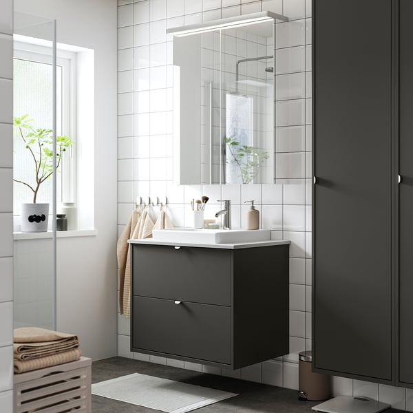 HAVBÄCK / ORRSJÖN Bathroom vanity with sink & faucet, dark gray/gray stone effect, 31x21 1/2x28 3/8 "