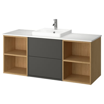 HAVBÄCK / ORRSJÖN Bathroom vanity with sink & faucet, dark gray/oak effect/white marble effect, 61x21 1/2x28 3/8 "
