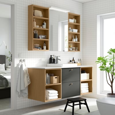 HAVBÄCK / ORRSJÖN Bathroom vanity with sink & faucet, dark gray/oak effect/white marble effect, 61x21 1/2x28 3/8 "