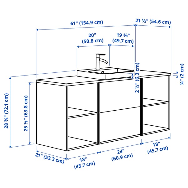 HAVBÄCK / ORRSJÖN Bathroom vanity with sink & faucet, dark gray/oak effect/white marble effect, 61x21 1/2x28 3/8 "