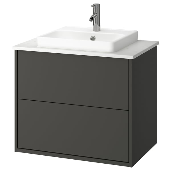 HAVBÄCK / ORRSJÖN Bathroom vanity with sink & faucet, dark gray/white marble effect, 31x21 1/2x28 3/8 "