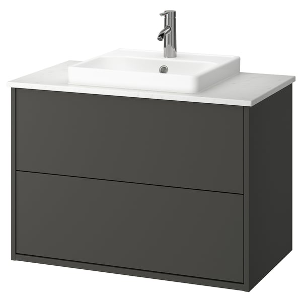 HAVBÄCK / ORRSJÖN Bathroom vanity with sink & faucet, dark gray/white marble effect, 37x21 1/2x28 3/8 "