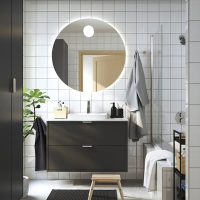 HAVBÄCK / ORRSJÖN Bathroom vanity with sink & faucet, dark gray/white marble effect, 37x21 1/2x28 3/8 "