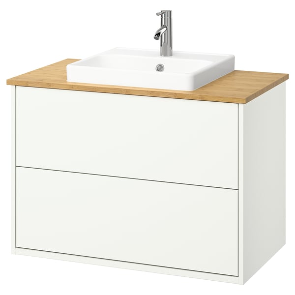 HAVBÄCK / ORRSJÖN Bathroom vanity with sink & faucet, white/bamboo, 37x21 1/2x28 3/8 "