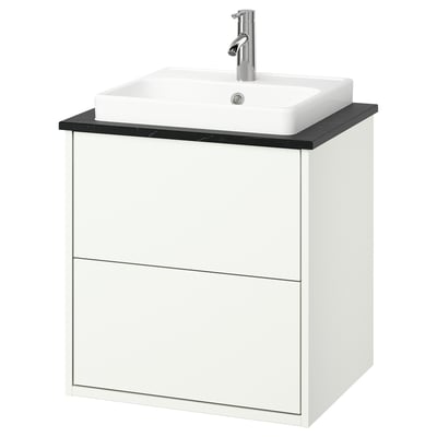 HAVBÄCK / ORRSJÖN Bathroom vanity with sink & faucet, white/black marble effect, 25x21 1/2x28 3/8 "