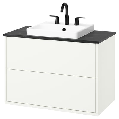 HAVBÄCK / ORRSJÖN Bathroom vanity with sink & faucet, white/black marble effect, 37x21 1/2x28 3/8 "