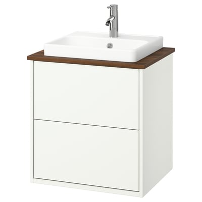HAVBÄCK / ORRSJÖN Bathroom vanity with sink & faucet, white/brown walnut effect, 25x21 1/2x28 3/8 "