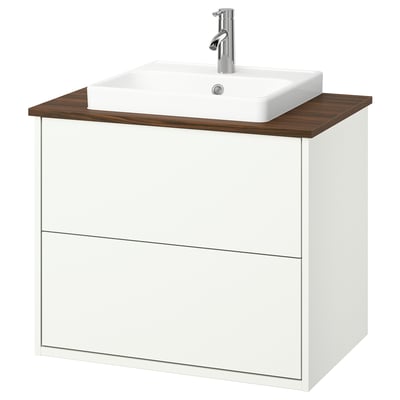 HAVBÄCK white bathroom vanity with walnut counter, modern minimalist design, wall-mounted with two drawers, ceramic basin.