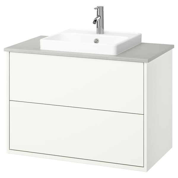 HAVBÄCK / ORRSJÖN Bathroom vanity with sink & faucet, white/gray stone effect, 37x21 1/2x28 3/8 "