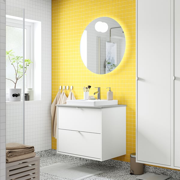 HAVBÄCK / ORRSJÖN Bathroom vanity with sink & faucet, white/gray stone effect, 31x21 1/2x28 3/8 "