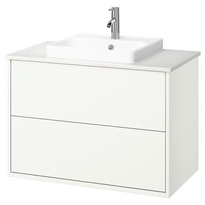 HAVBÄCK / ORRSJÖN Bathroom vanity with sink & faucet, white/white marble effect, 37x21 1/2x28 3/8 "