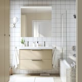 HAVBÄCK / ORRSJÖN Bathroom vanity with sink & faucets, beige, 37x21 3/4x27 5/8 "