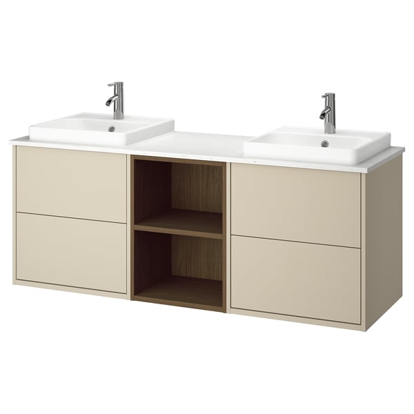 HAVBÄCK / ORRSJÖN Double vanity with sink & faucet, beige/brown oak effect/white marble effect, 67x21 1/2x28 3/8 "