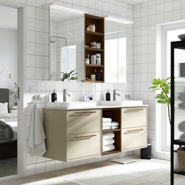 HAVBÄCK / ORRSJÖN Double vanity with sink & faucet, beige/brown oak effect/white marble effect, 67x21 1/2x28 3/8 "