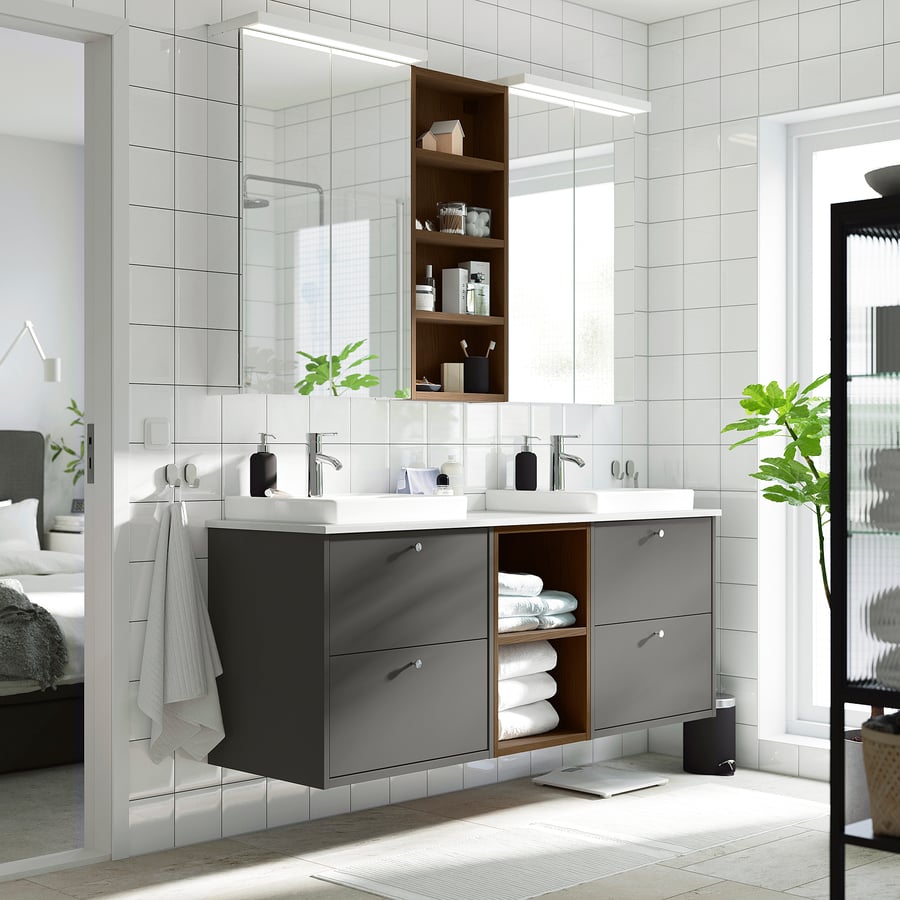 HAVBÄCK / ORRSJÖN Double vanity with sink & faucet, dark gray/brown oak ...