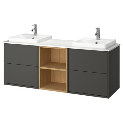 HAVBÄCK / ORRSJÖN Double vanity with sink & faucet, dark gray/oak effect/white marble effect, 67x21 1/2x28 3/8 "