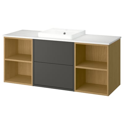 Havbaeck vanity: light wood & dark grey drawers, white marble top, rectangular basin.