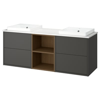 Modern dark grey HAVBÄCK bathroom vanity with dual white sinks, marble countertop, and wood shelves.