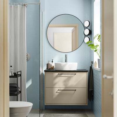 HAVBÄCK / TÖRNVIKEN Bathroom vanity with sink & faucet, beige/black marble effect, 31x21 1/2x31 3/8 "