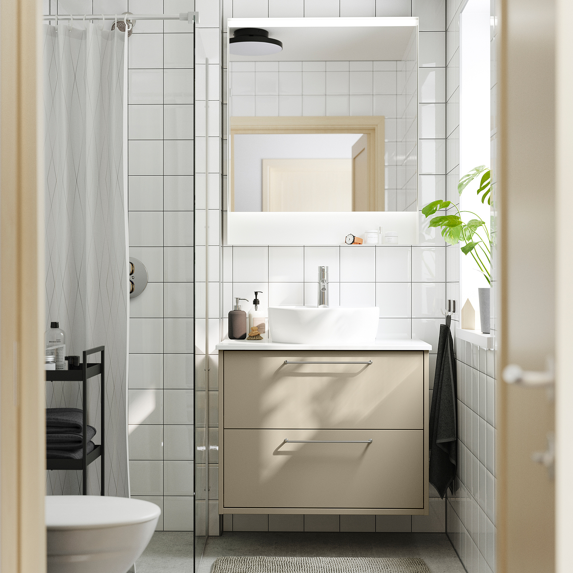 HAVBÄCK / TÖRNVIKEN Bathroom vanity with sink & faucet, beige/white marble effect, 31x21 1/2x31 3/8 "