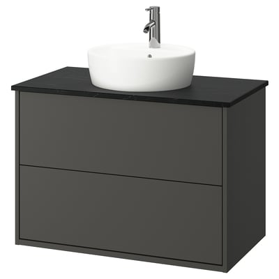 HAVBÄCK / TÖRNVIKEN Bathroom vanity with sink & faucet, dark gray/black marble effect, 37x21 1/2x31 3/8 "