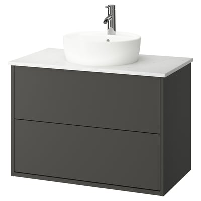 HAVBÄCK bathroom vanity, dark grey, marble top, round white basin, wall-mounted.