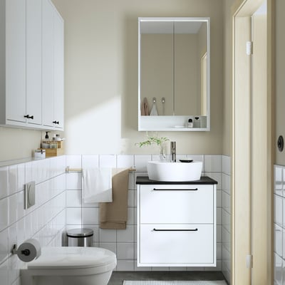 HAVBÄCK / TÖRNVIKEN Bathroom vanity with sink & faucet, white/black marble effect, 25x21 1/2x31 3/8 "