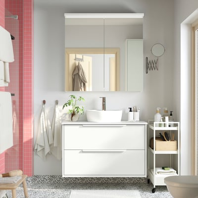 HAVBÄCK / TÖRNVIKEN Bathroom vanity with sink & faucet, white/white marble effect, 37x21 1/2x31 3/8 "