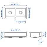 HAVSEN Apron front double bowl sink, white, 37x19 "