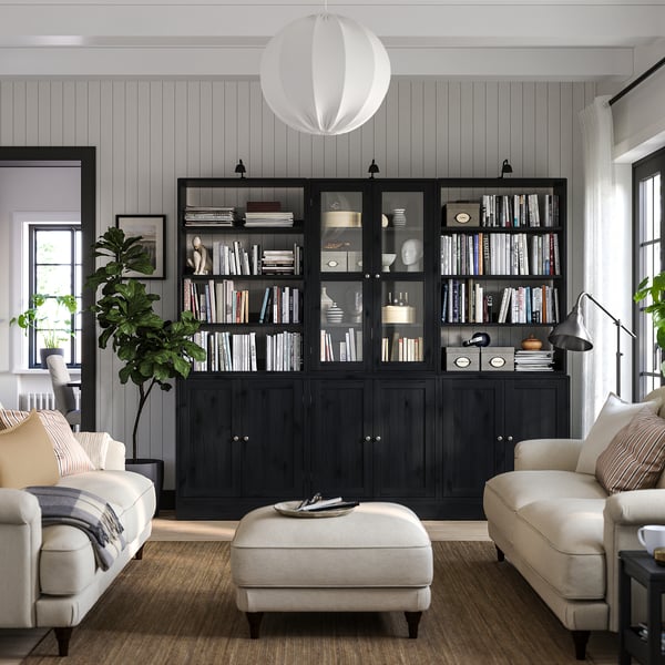 HAVSTA Storage combination w/glass doors, black, 95 5/8x18 1/2x83 1/2 "