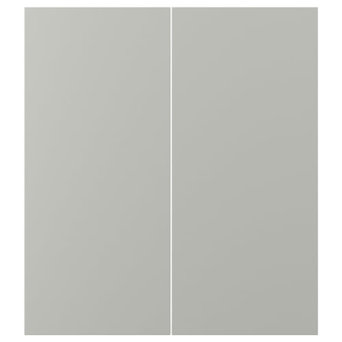 Two light grey kitchen cabinet doors. The doors are rectangular, smooth, and lacquered with a clean, modern design.