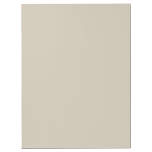 A beige flat-panel cabinet door from IKEAs HAVSTORP series, featuring a smooth acrylic paint finish on fibreboard. Squared design.
