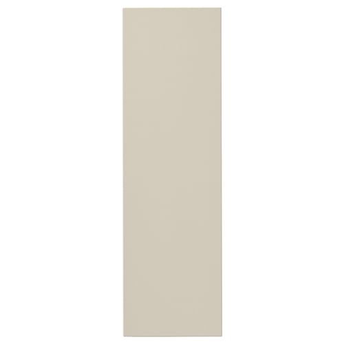 A beige HAVSTORP kitchen cabinet door. It is rectangular with smooth, clean lines and a modern look. Made from acrylic paint and fiberboard.
