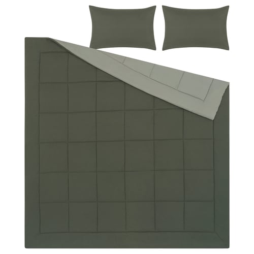 The HEDFRYLE grey comforter set featuring a soft, dark green comforter and two matching pillows with zippered sides.