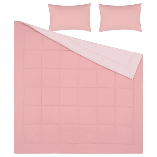 A HEDFRYLE bedding set in light pink with matching pillowcases, featuring a soft, quilted design.