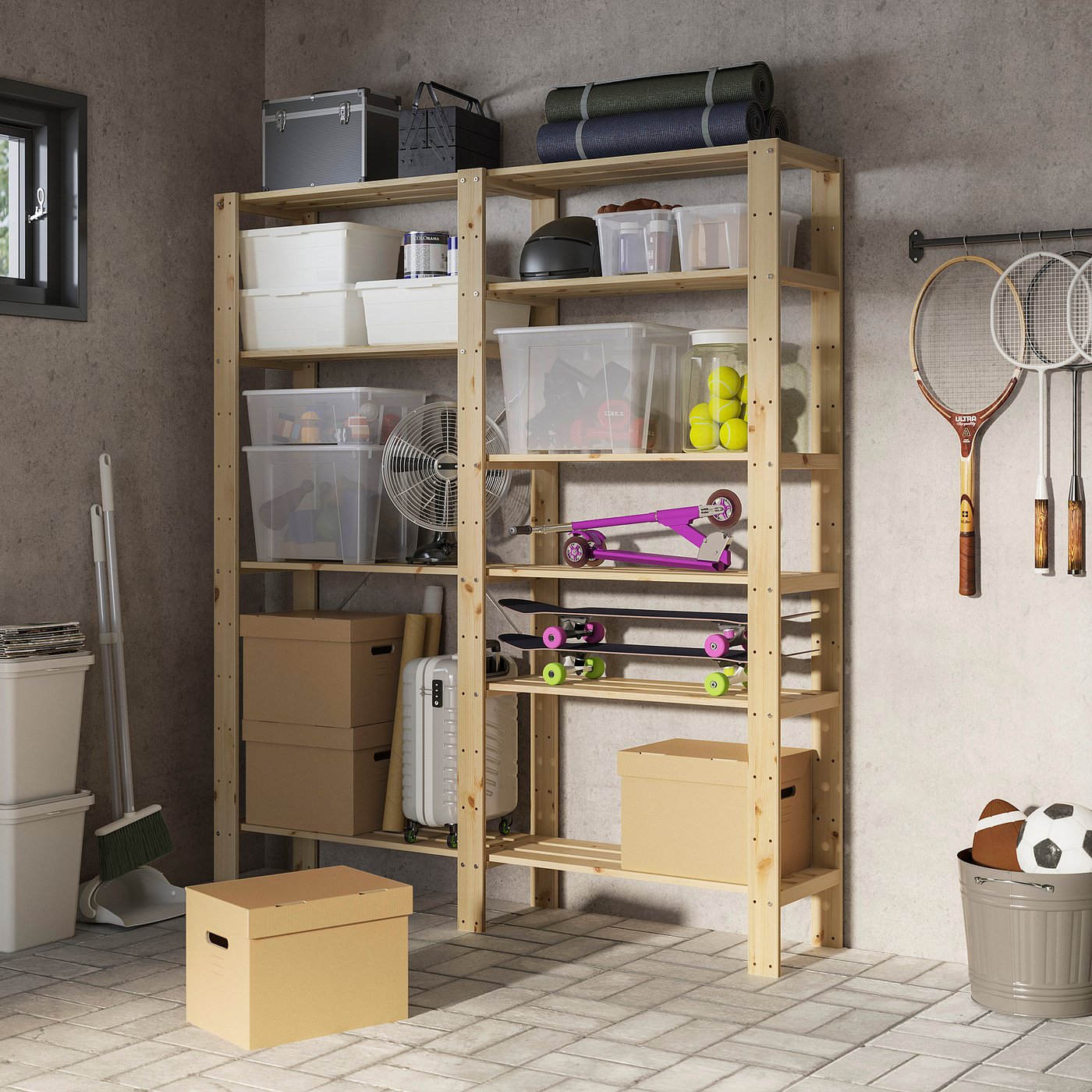HEJNE 2 section shelving unit, softwood, 605/8x121/4x673/8