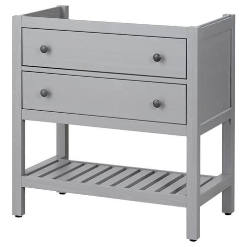 Grey HEMNES 3-drawer dresser with open shelf.