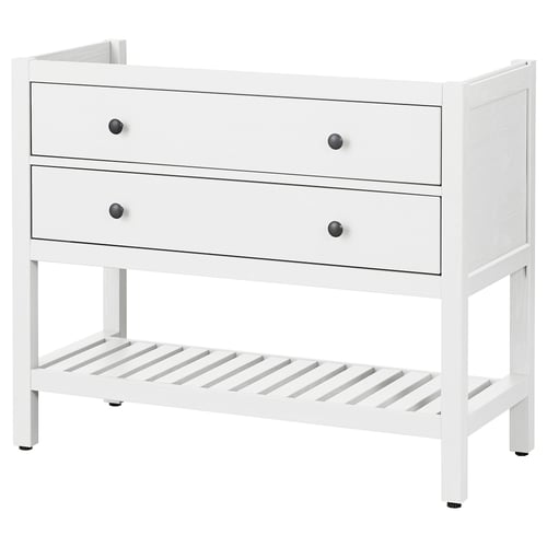 A white HEMNES wooden storage unit with two drawers and one open shelf, featuring smooth and durable craftsmanship.