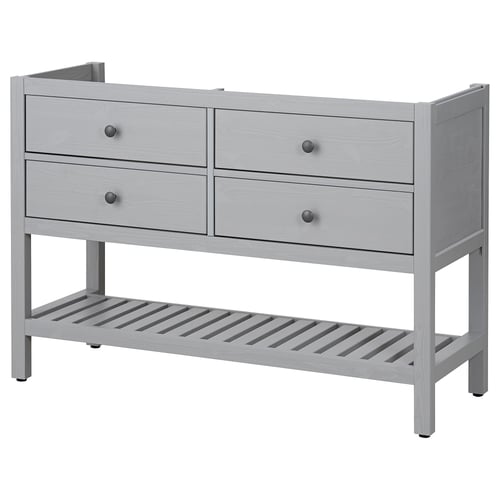 Grey wooden HEMNES dresser with four drawers featuring smooth-closing mechanisms and an open shelf below, offering ample storage.