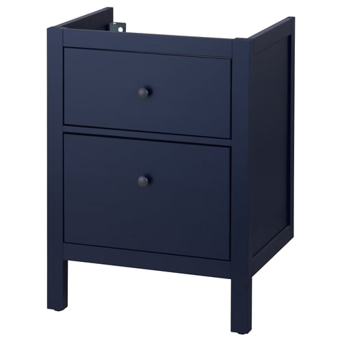 Dark blue HEMNES bathroom cabinet, solid pine, two drawers with hidden knobs, sleek design.