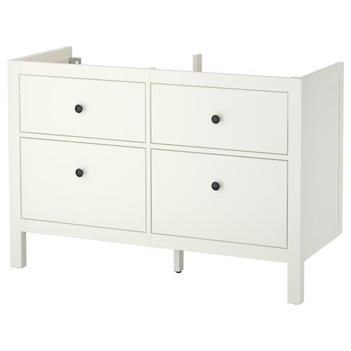 HEMNES white bathroom cabinet, four drawers with black knobs, rectangular shape.