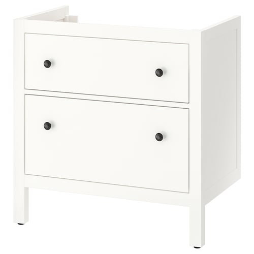 White HEMNES bathroom cabinet, two drawers with black knobs.