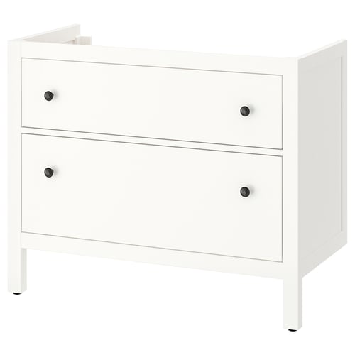 White HEMNES bathroom cabinet, 3 drawers, sleek modern design, smooth finish.