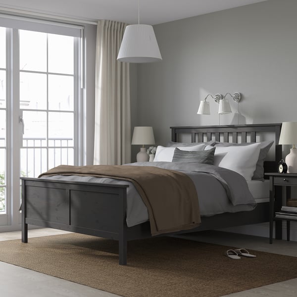 HEMNES Bed frame, dark gray stained/Lyngör white, Queen