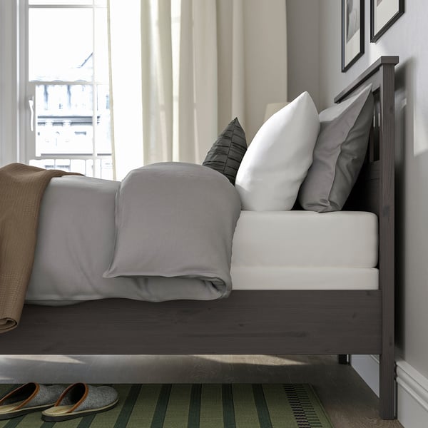HEMNES Bed frame, dark gray stained/Lyngör white, Twin